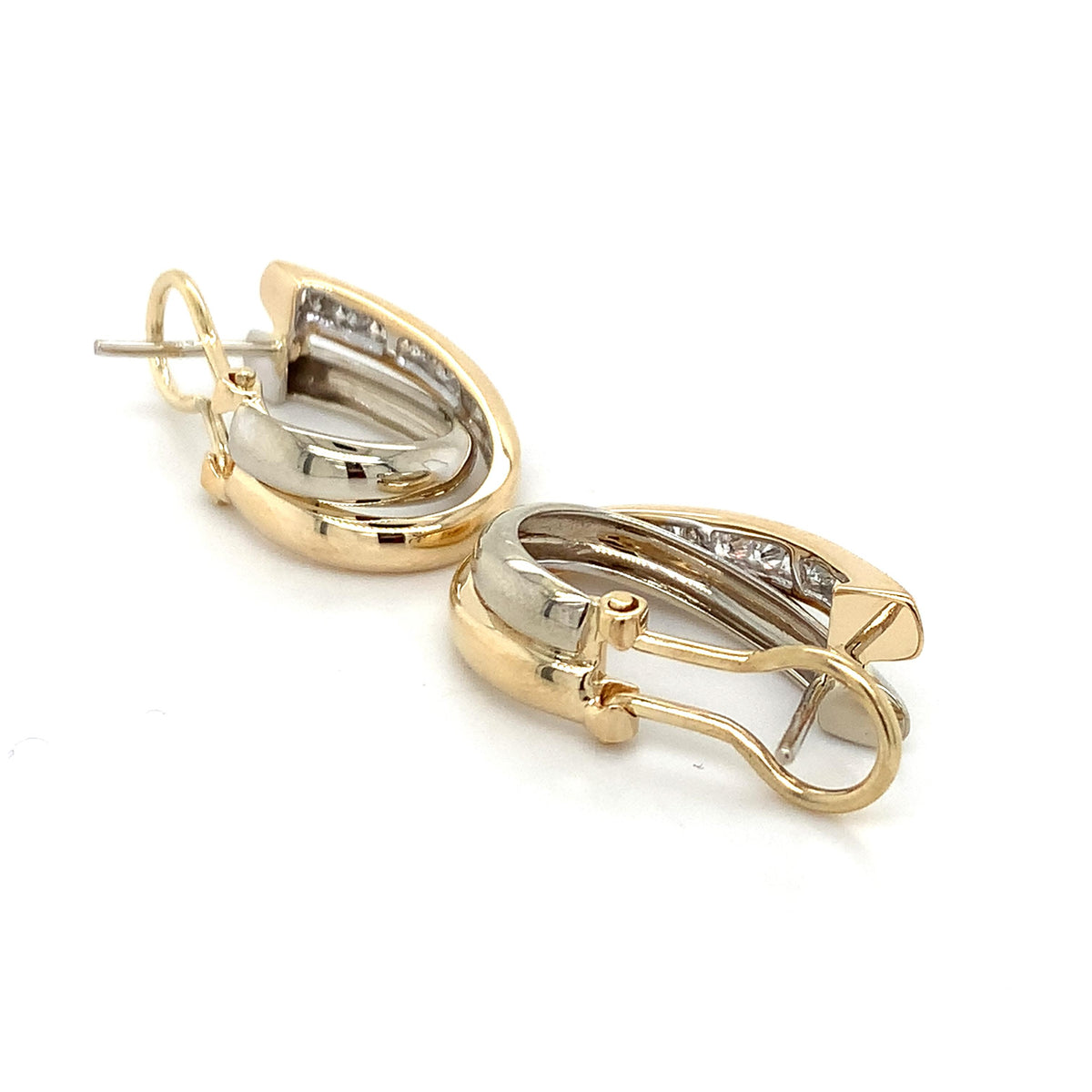 14K Yellow & White Gold Graduated Round Diamond Crossover J Hoop Huggie Earrings