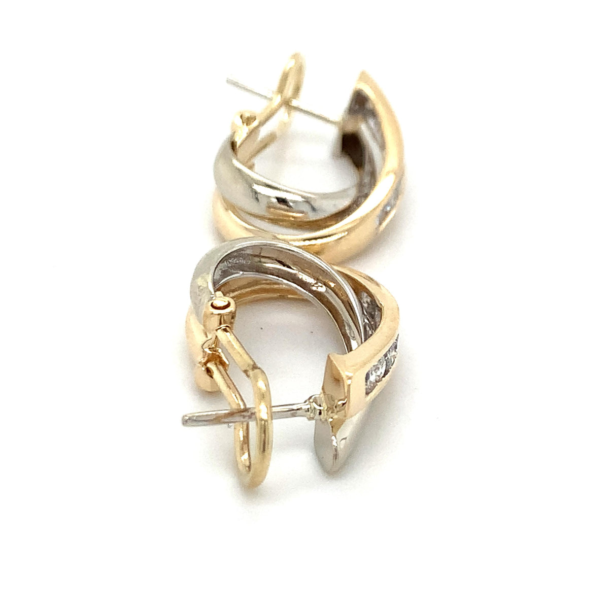 14K Yellow & White Gold Graduated Round Diamond Crossover J Hoop Huggie Earrings