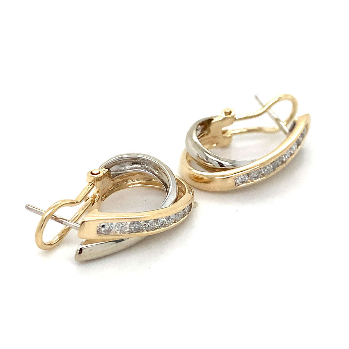 14K Yellow & White Gold Graduated Round Diamond Crossover J Hoop Huggie Earrings