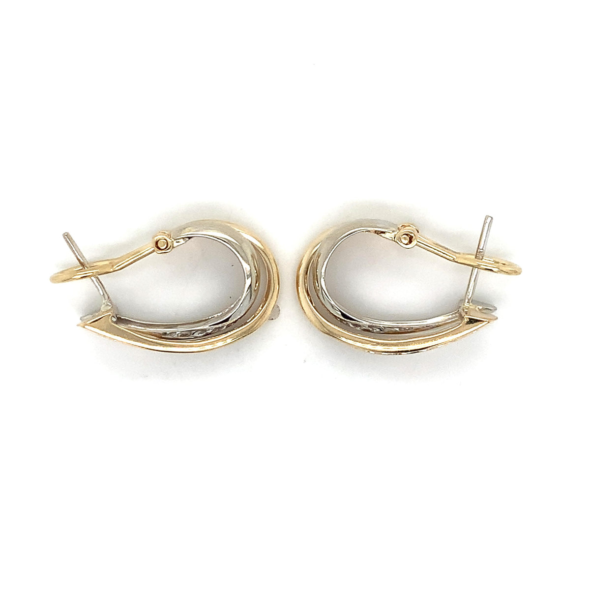 14K Yellow & White Gold Graduated Round Diamond Crossover J Hoop Huggie Earrings