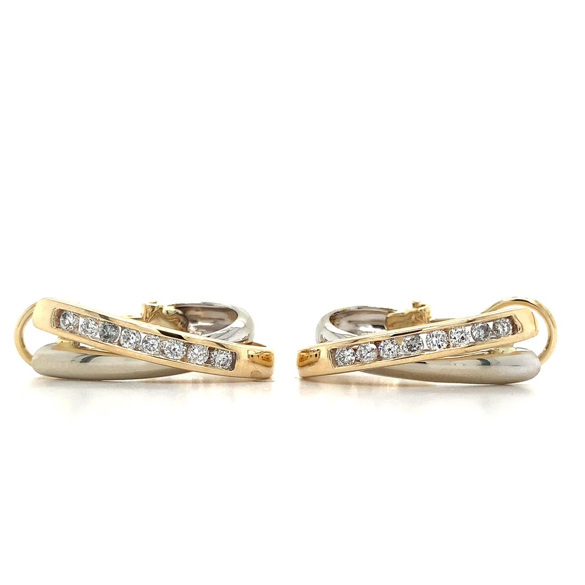 14K Yellow & White Gold Graduated Round Diamond Crossover J Hoop Huggie Earrings