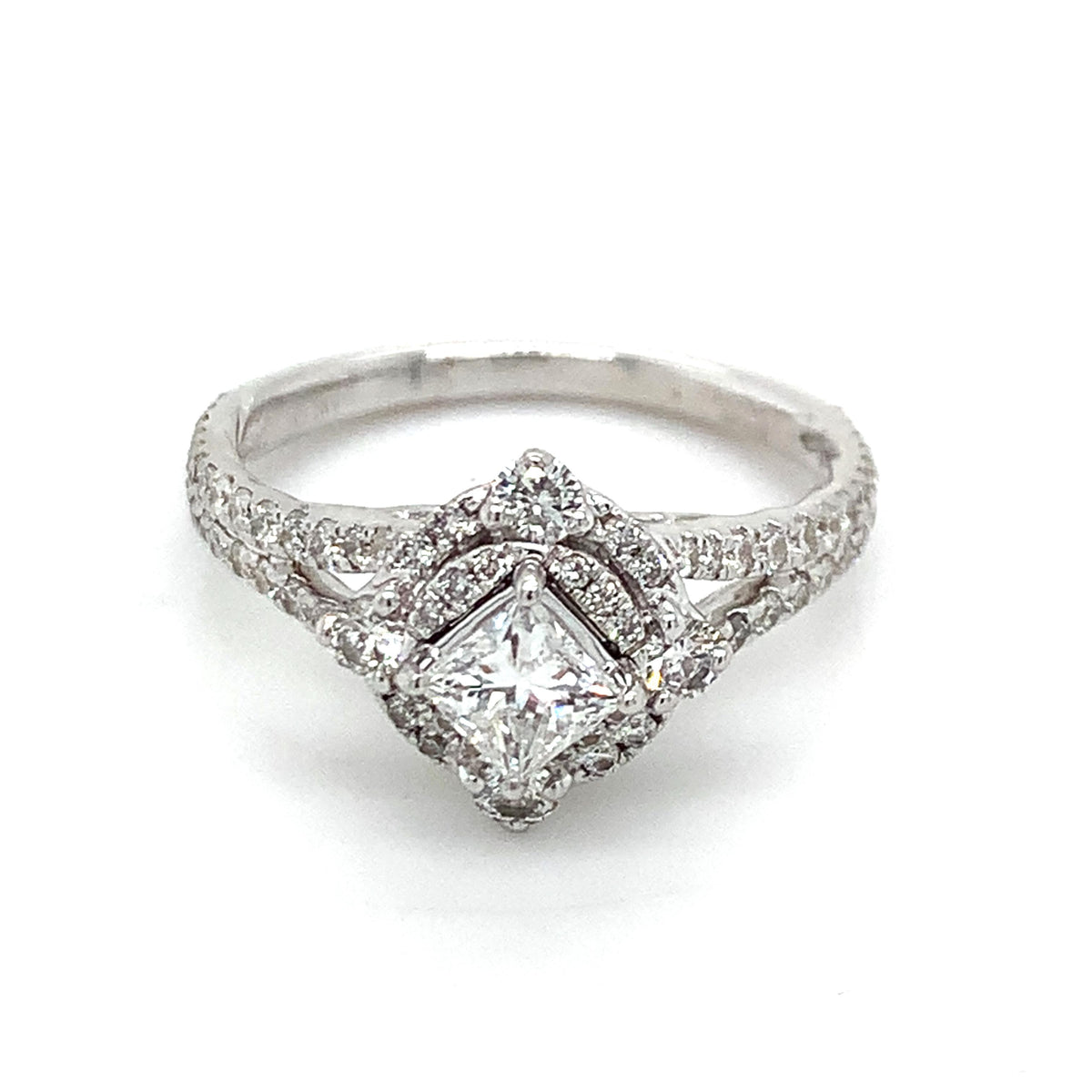 Vintage 14K Gold Tilted Princess Cut Center & Round Diamond Double Halo Ring
