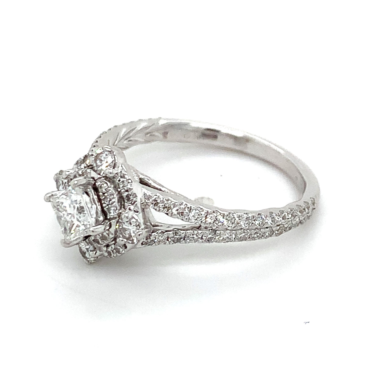 Vintage 14K Gold Tilted Princess Cut Center & Round Diamond Double Halo Ring