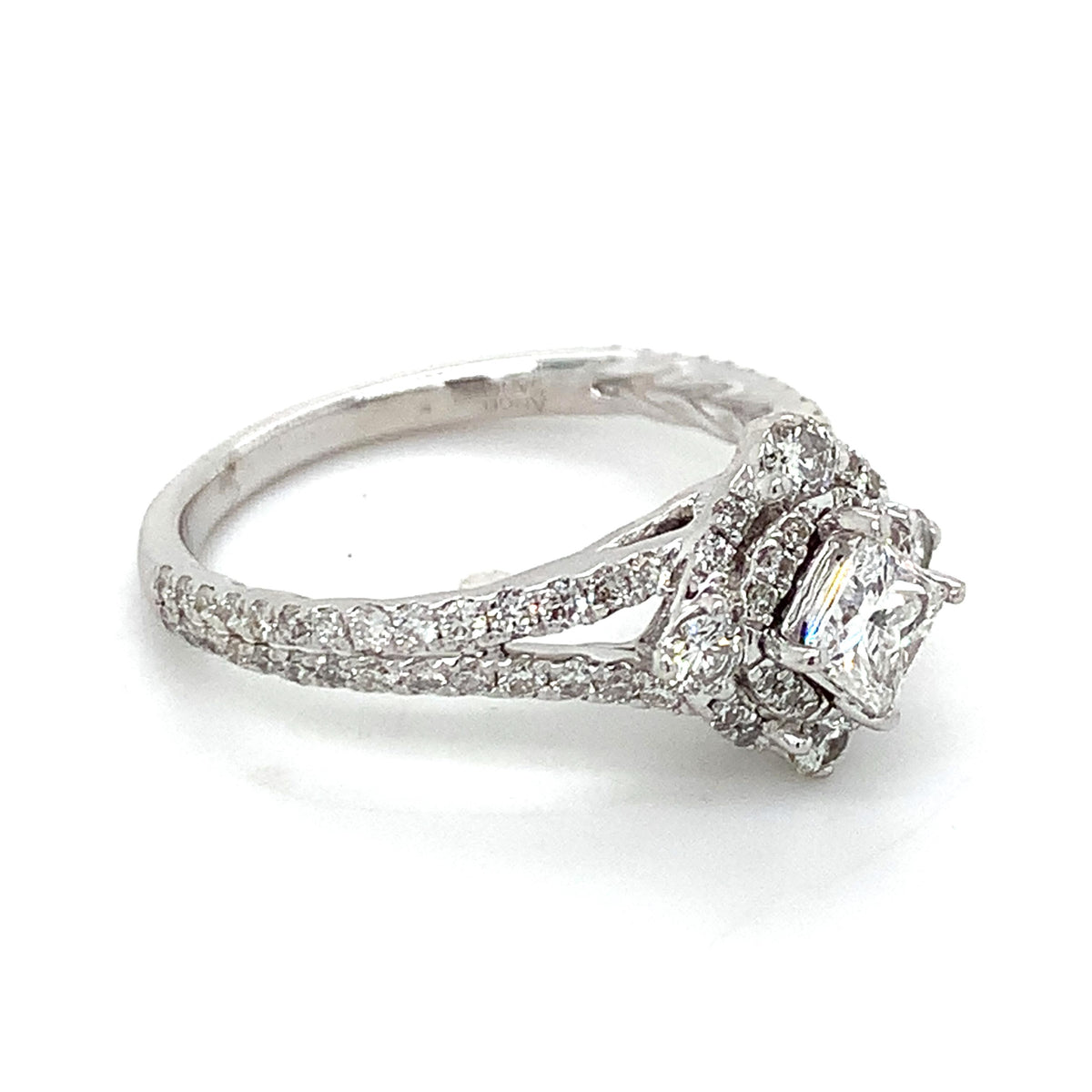 Vintage 14K Gold Tilted Princess Cut Center & Round Diamond Double Halo Ring