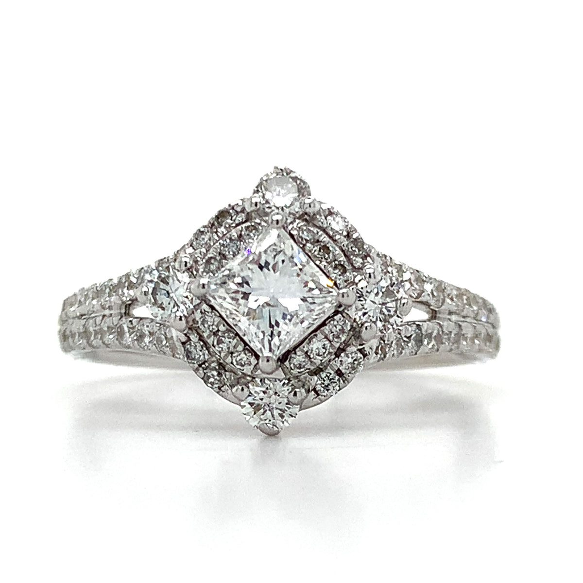 Vintage 14K Gold Tilted Princess Cut Center & Round Diamond Double Halo Ring