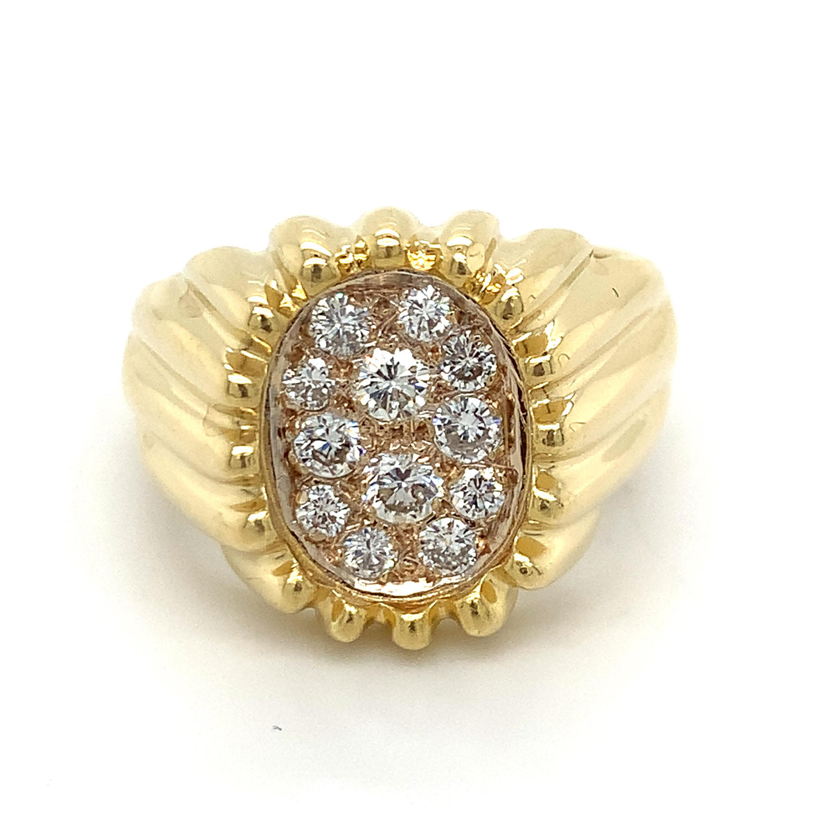 Vintage 18K  Gold Diamond Cluster Ribbed-Grooves Tartelette Style Cocktail Ring