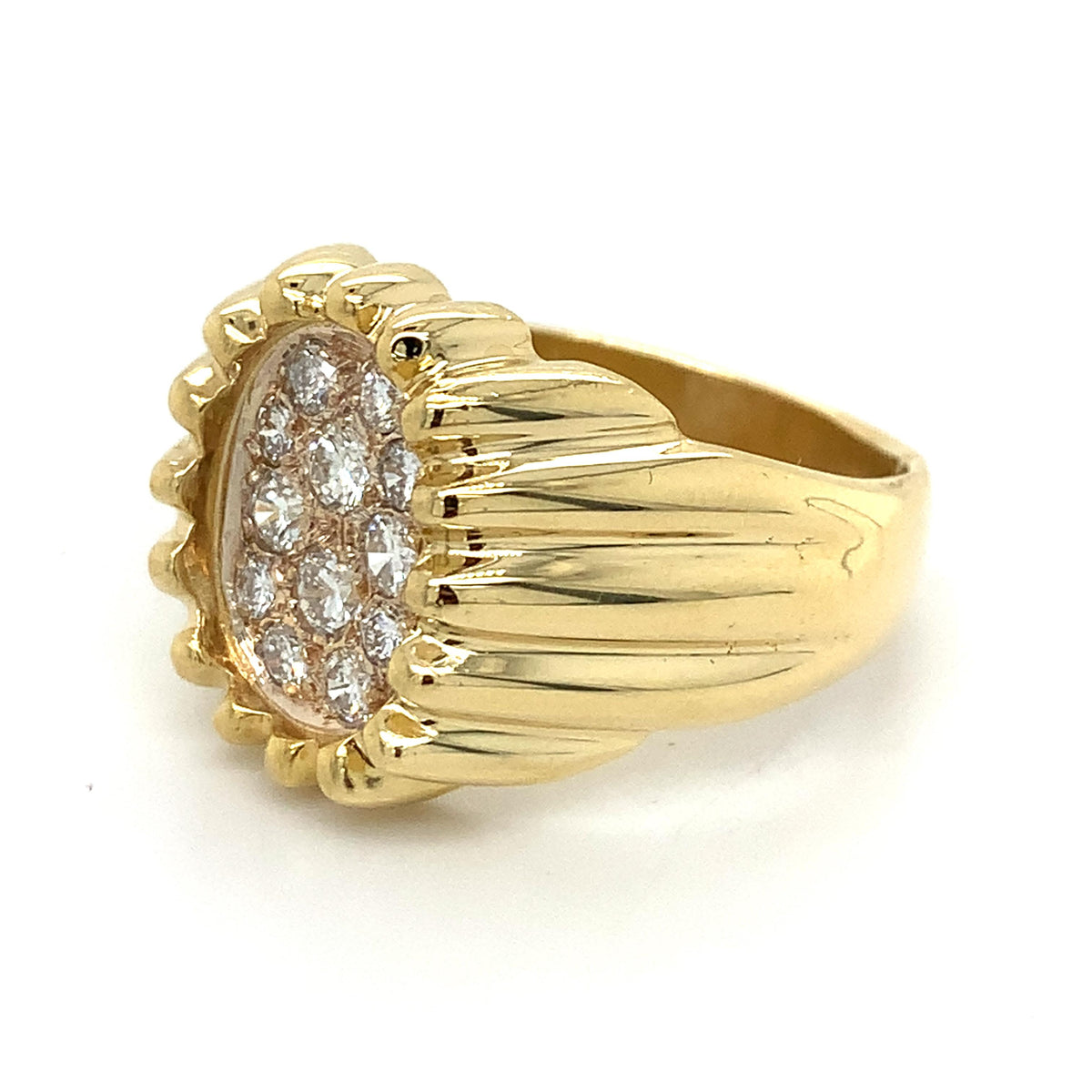 Vintage 18K  Gold Diamond Cluster Ribbed-Grooves Tartelette Style Cocktail Ring