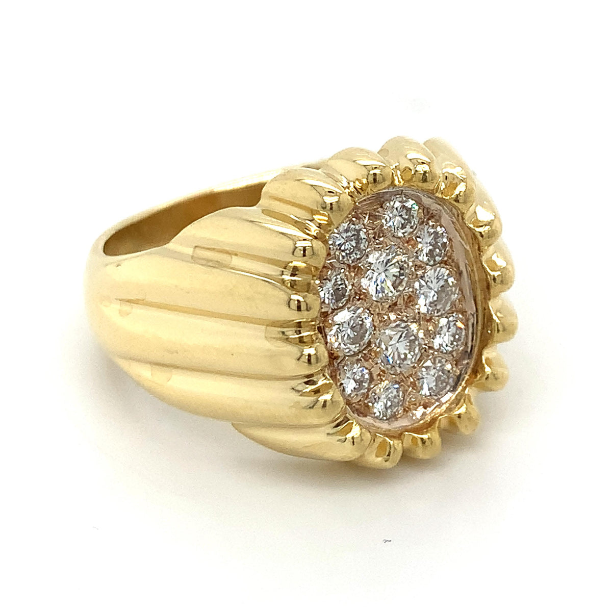 Vintage 18K  Gold Diamond Cluster Ribbed-Grooves Tartelette Style Cocktail Ring