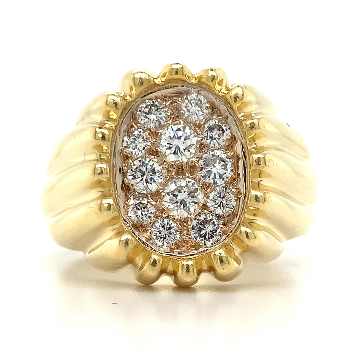Vintage 18K  Gold Diamond Cluster Ribbed-Grooves Tartelette Style Cocktail Ring
