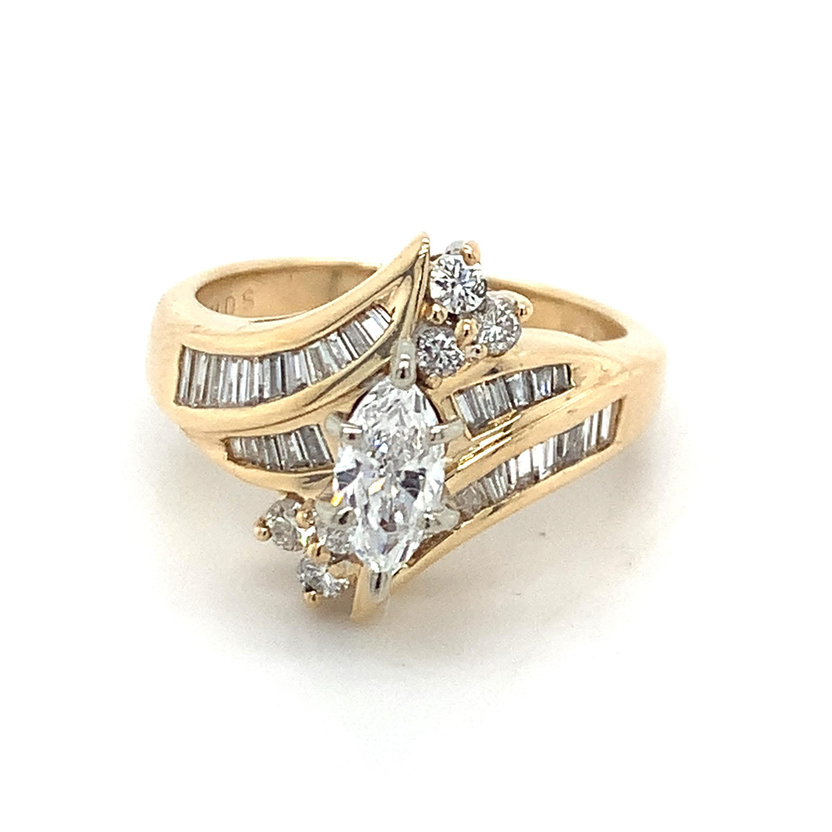 14K Gold 6-Prongs Marquise Center Baguette & Round Diamond Bypass Shanks Ring