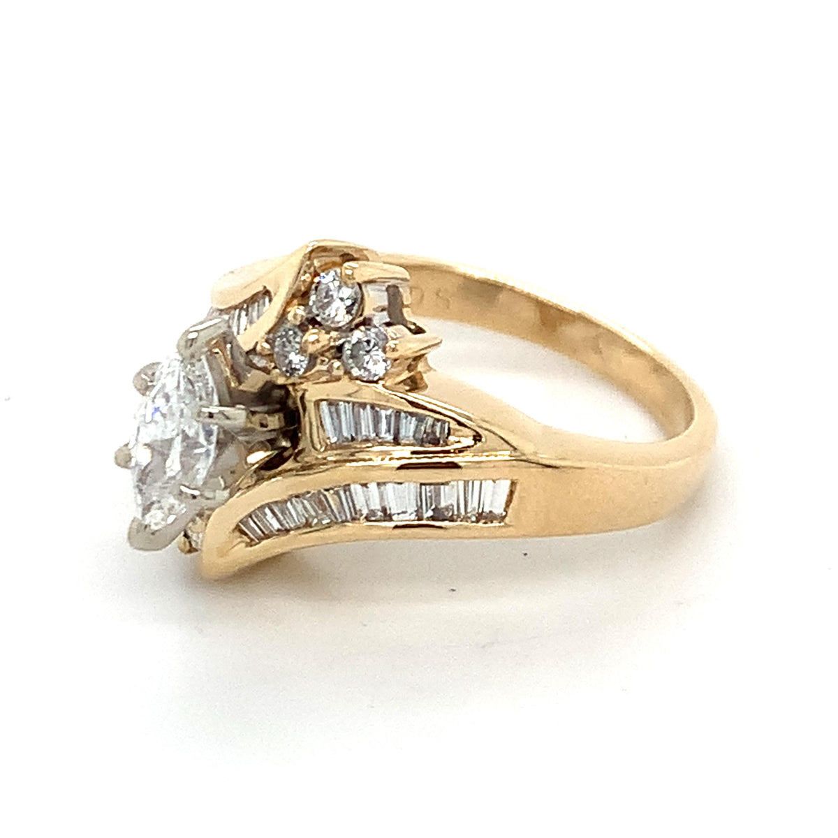14K Gold 6-Prongs Marquise Center Baguette & Round Diamond Bypass Shanks Ring