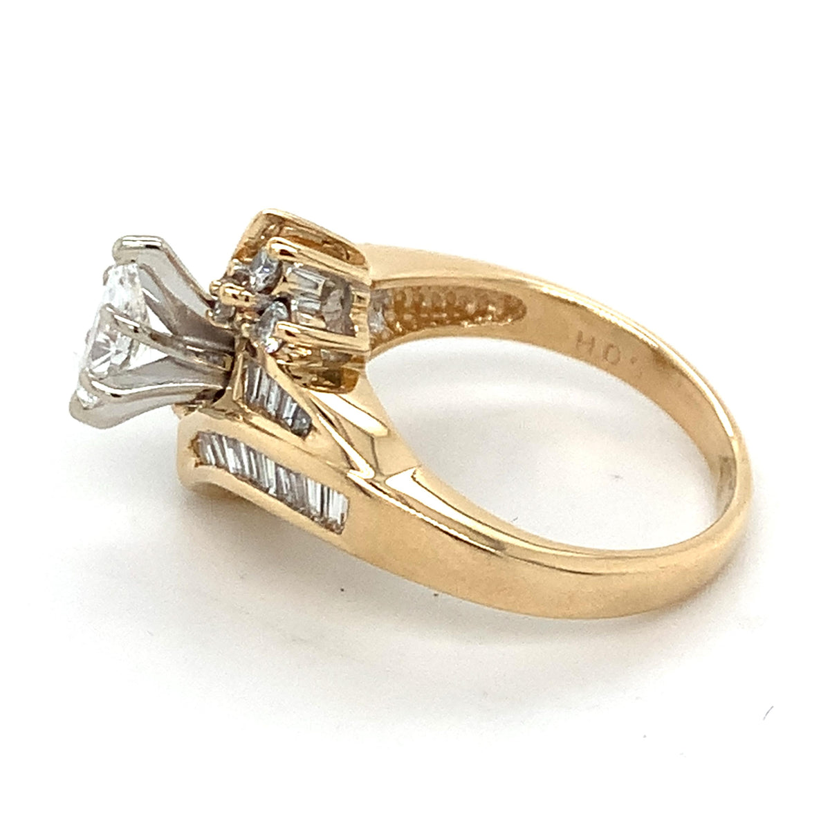 14K Gold 6-Prongs Marquise Center Baguette & Round Diamond Bypass Shanks Ring