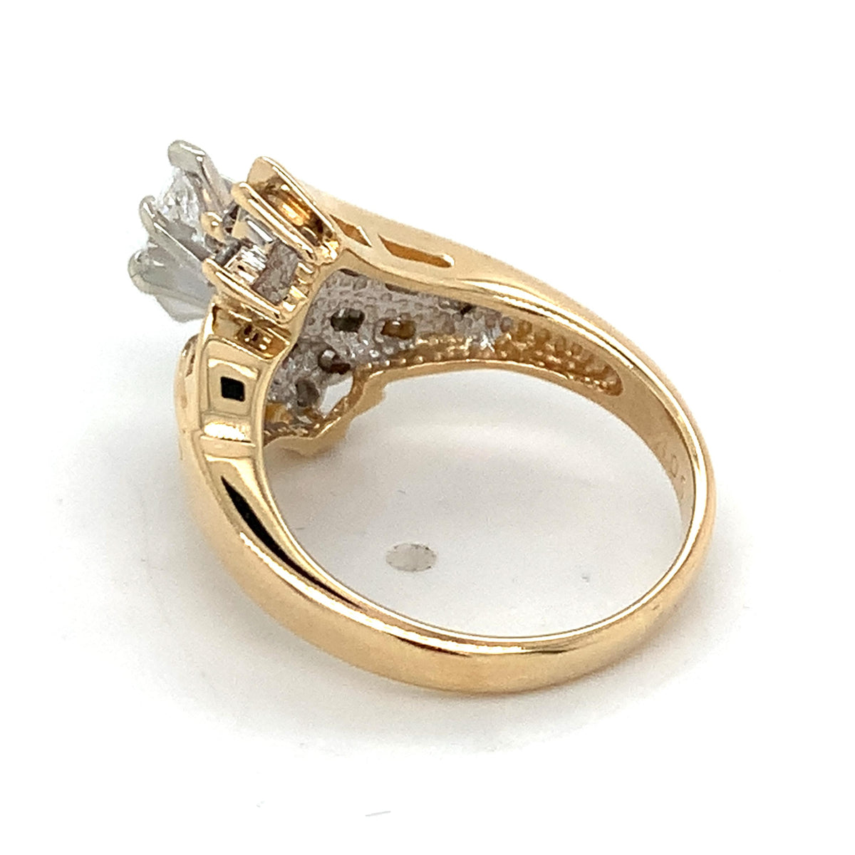 14K Gold 6-Prongs Marquise Center Baguette & Round Diamond Bypass Shanks Ring