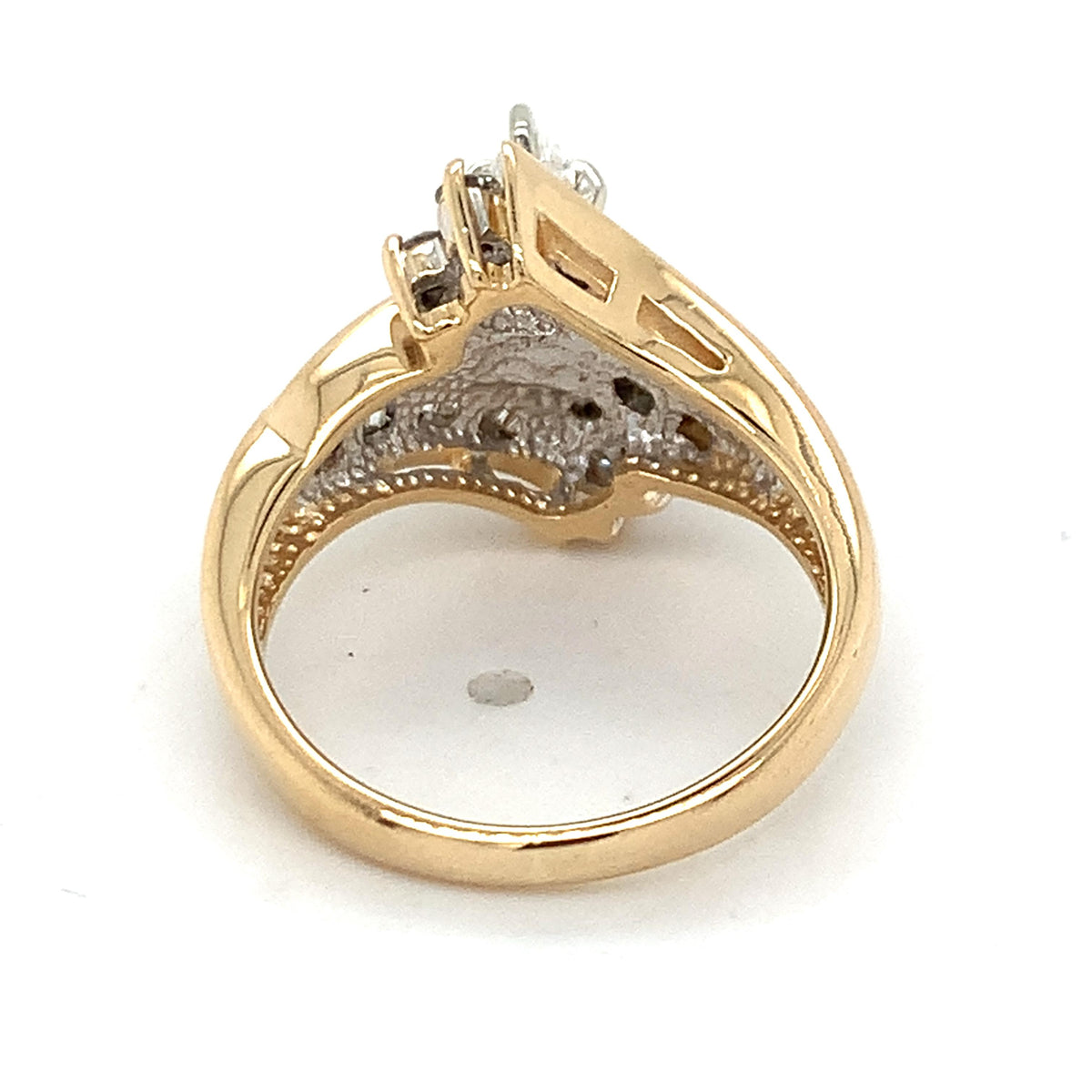 14K Gold 6-Prongs Marquise Center Baguette & Round Diamond Bypass Shanks Ring