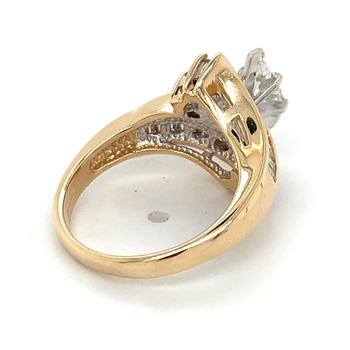 14K Gold 6-Prongs Marquise Center Baguette & Round Diamond Bypass Shanks Ring