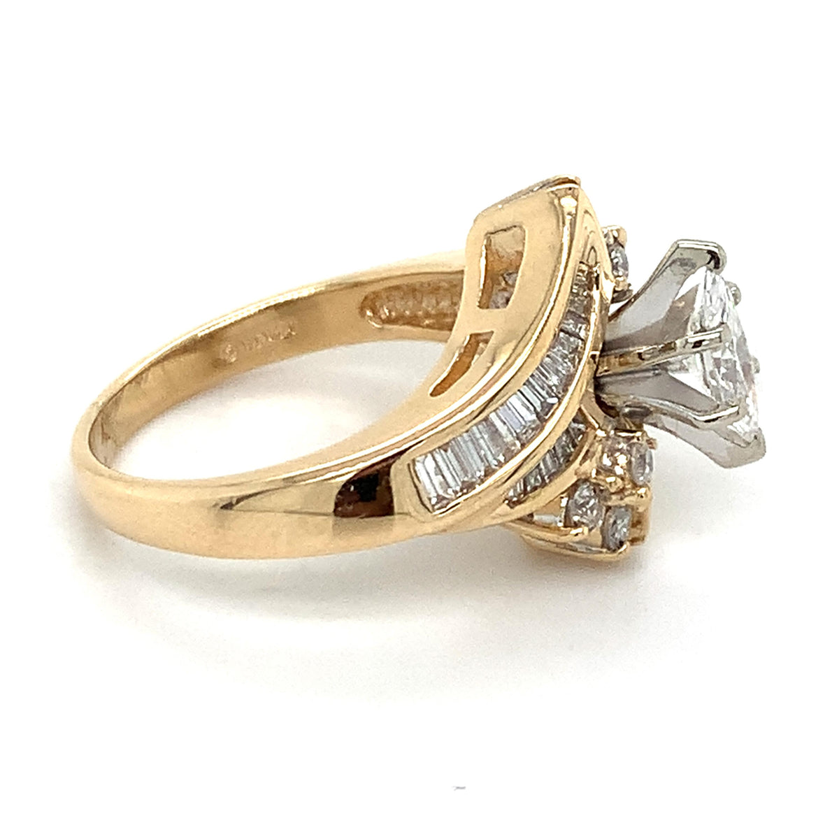 14K Gold 6-Prongs Marquise Center Baguette & Round Diamond Bypass Shanks Ring