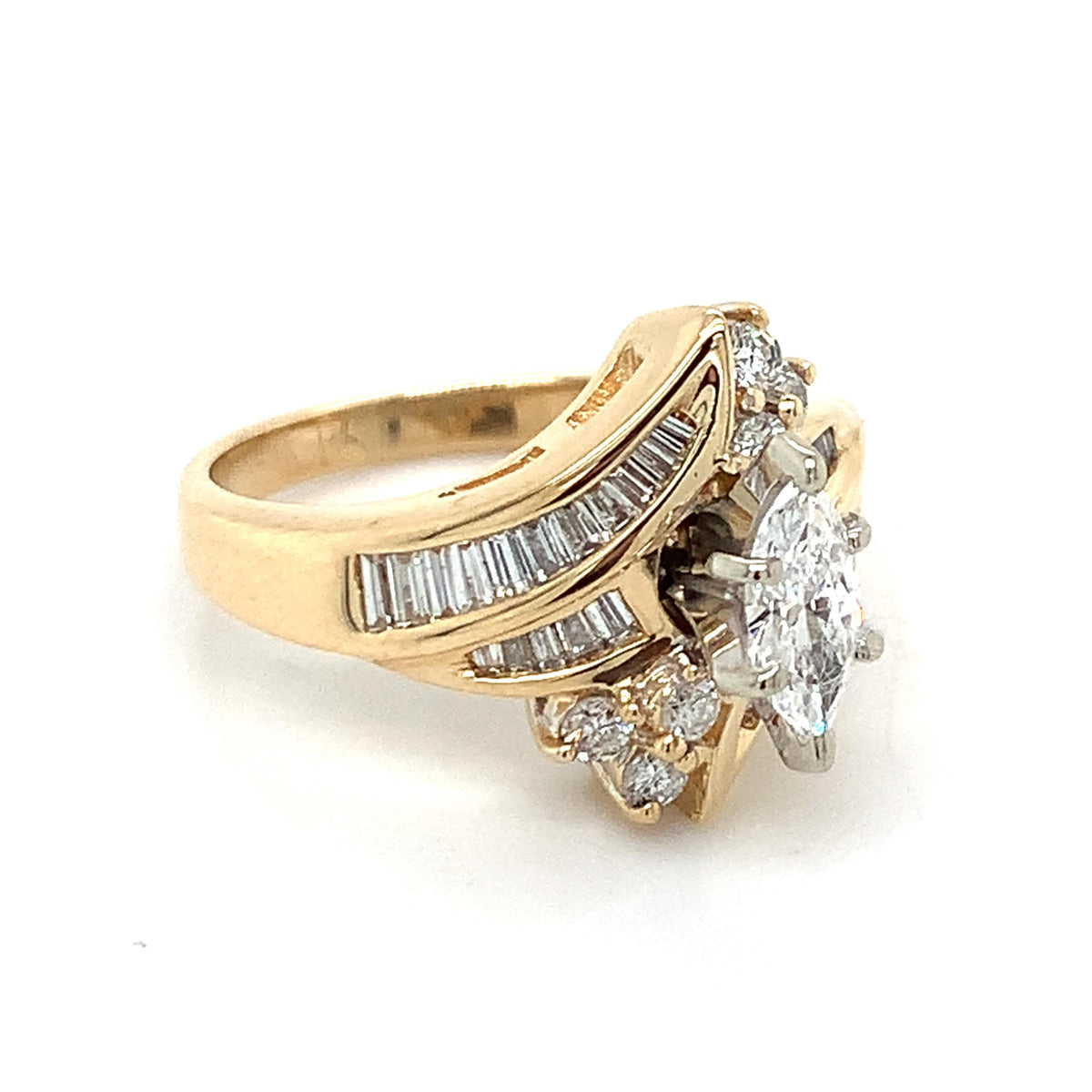 14K Gold 6-Prongs Marquise Center Baguette & Round Diamond Bypass Shanks Ring
