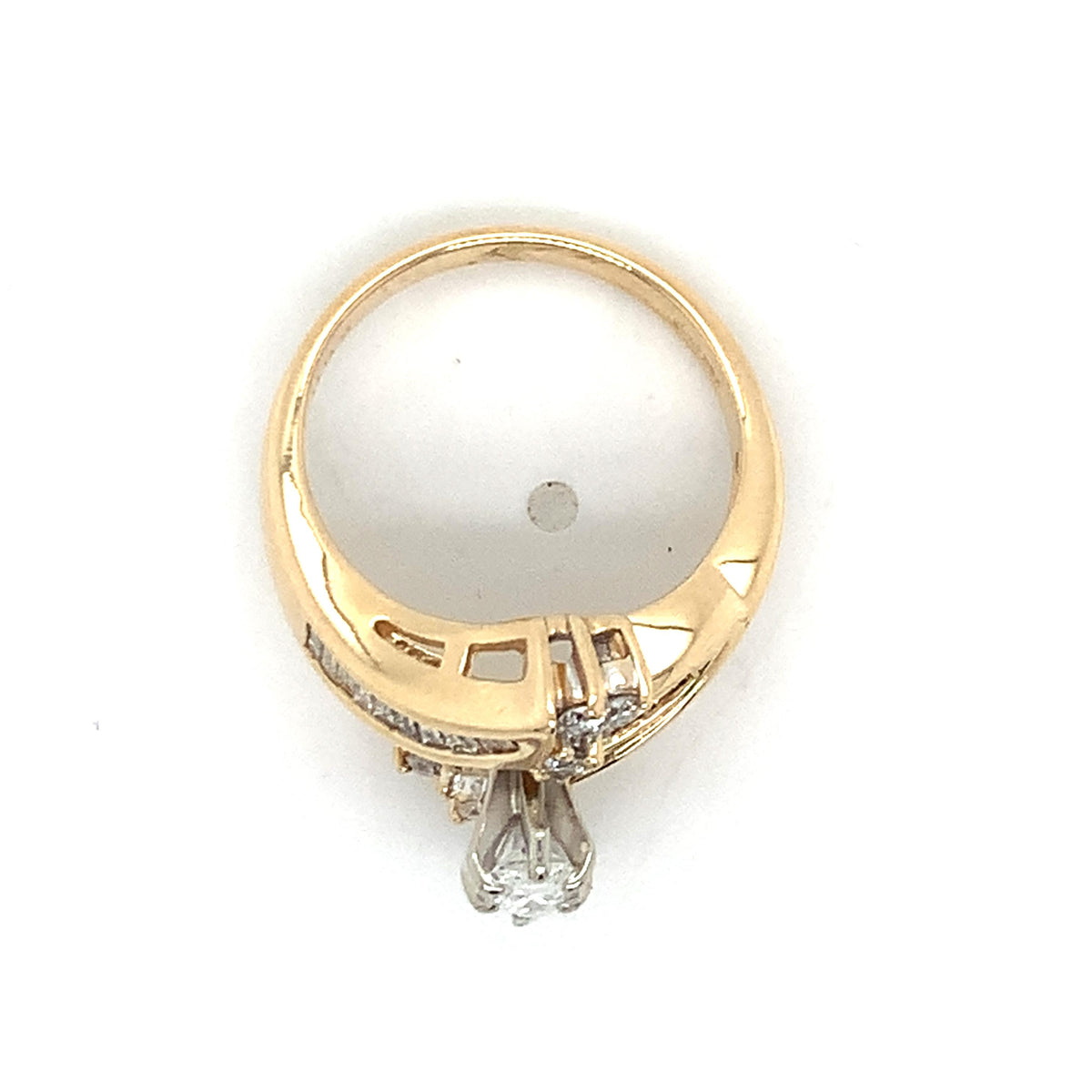 14K Gold 6-Prongs Marquise Center Baguette & Round Diamond Bypass Shanks Ring