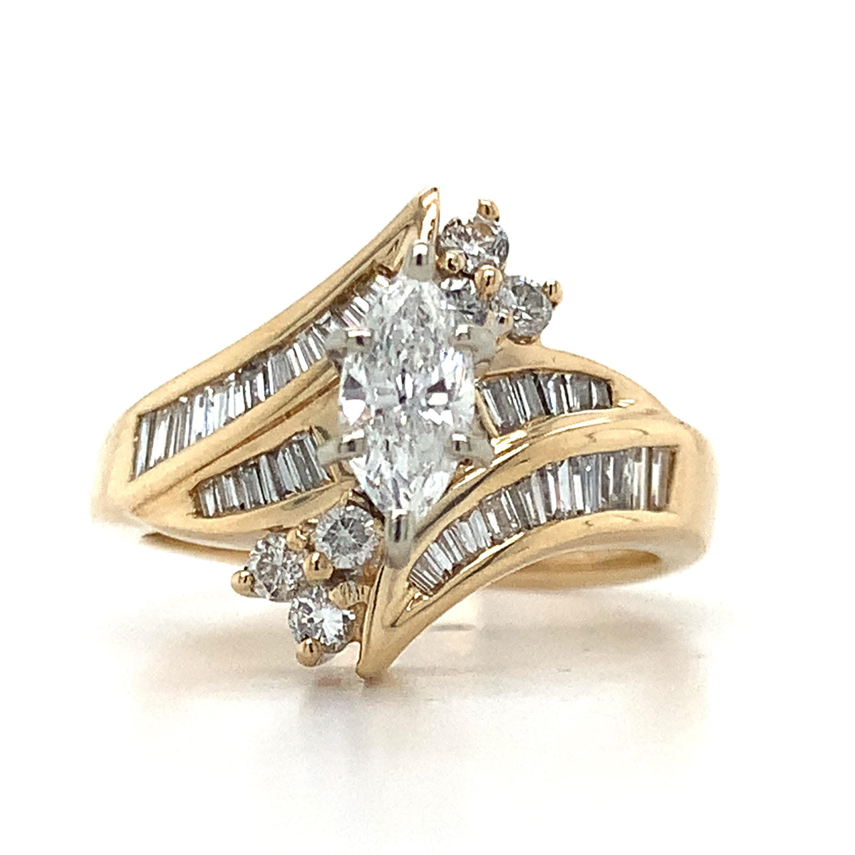 14K Gold 6-Prongs Marquise Center Baguette & Round Diamond Bypass Shanks Ring