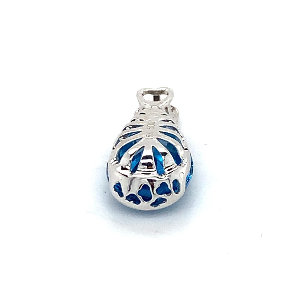 18K White Gold Teardrop Shaped Blue Topaz Beaded Heart-Shaped Loop Bail Pendant