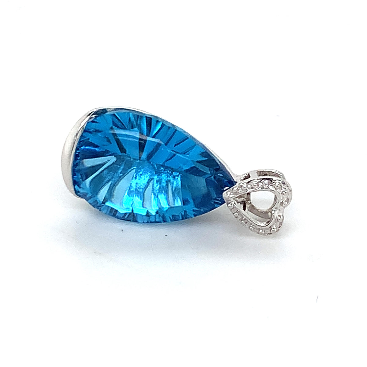 18K White Gold Teardrop Shaped Blue Topaz Beaded Heart-Shaped Loop Bail Pendant