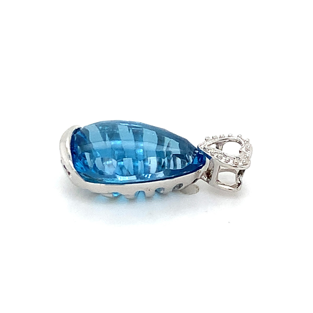 18K White Gold Teardrop Shaped Blue Topaz Beaded Heart-Shaped Loop Bail Pendant