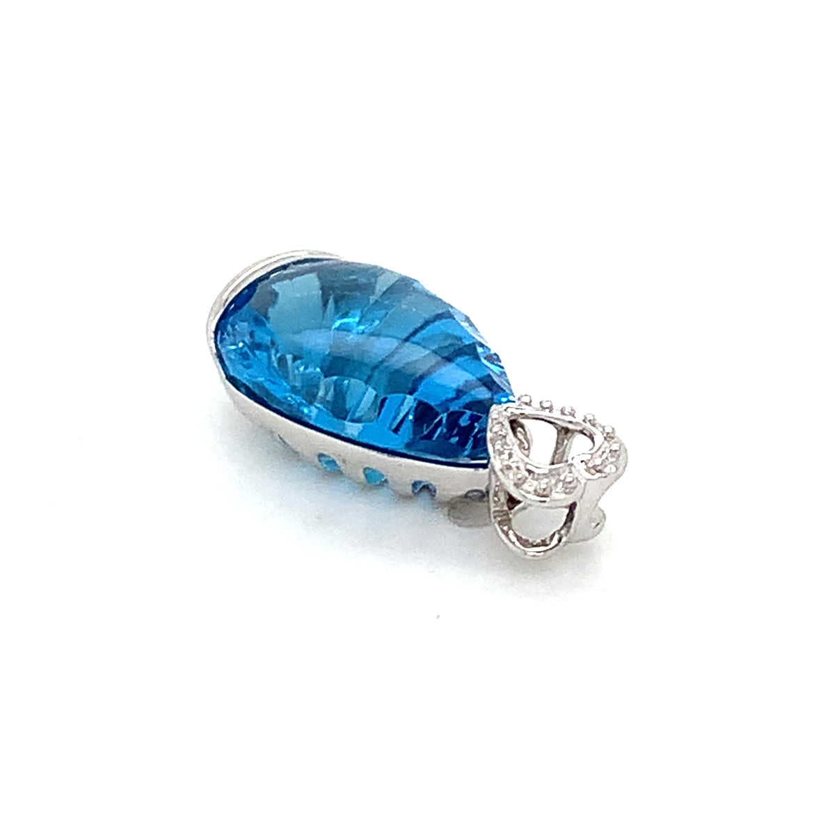 18K White Gold Teardrop Shaped Blue Topaz Beaded Heart-Shaped Loop Bail Pendant