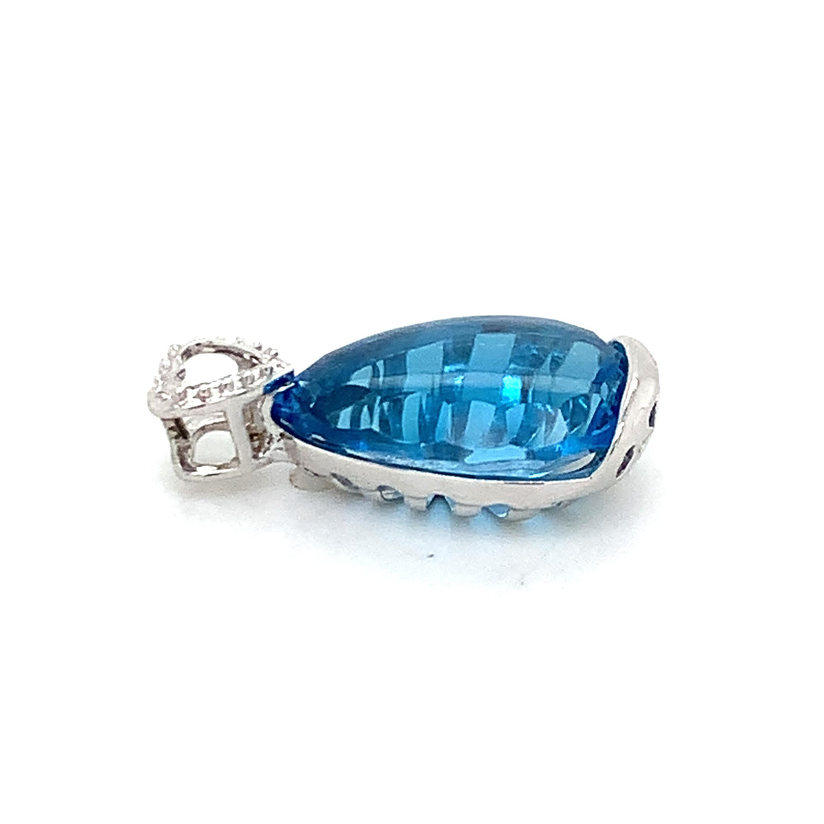 18K White Gold Teardrop Shaped Blue Topaz Beaded Heart-Shaped Loop Bail Pendant