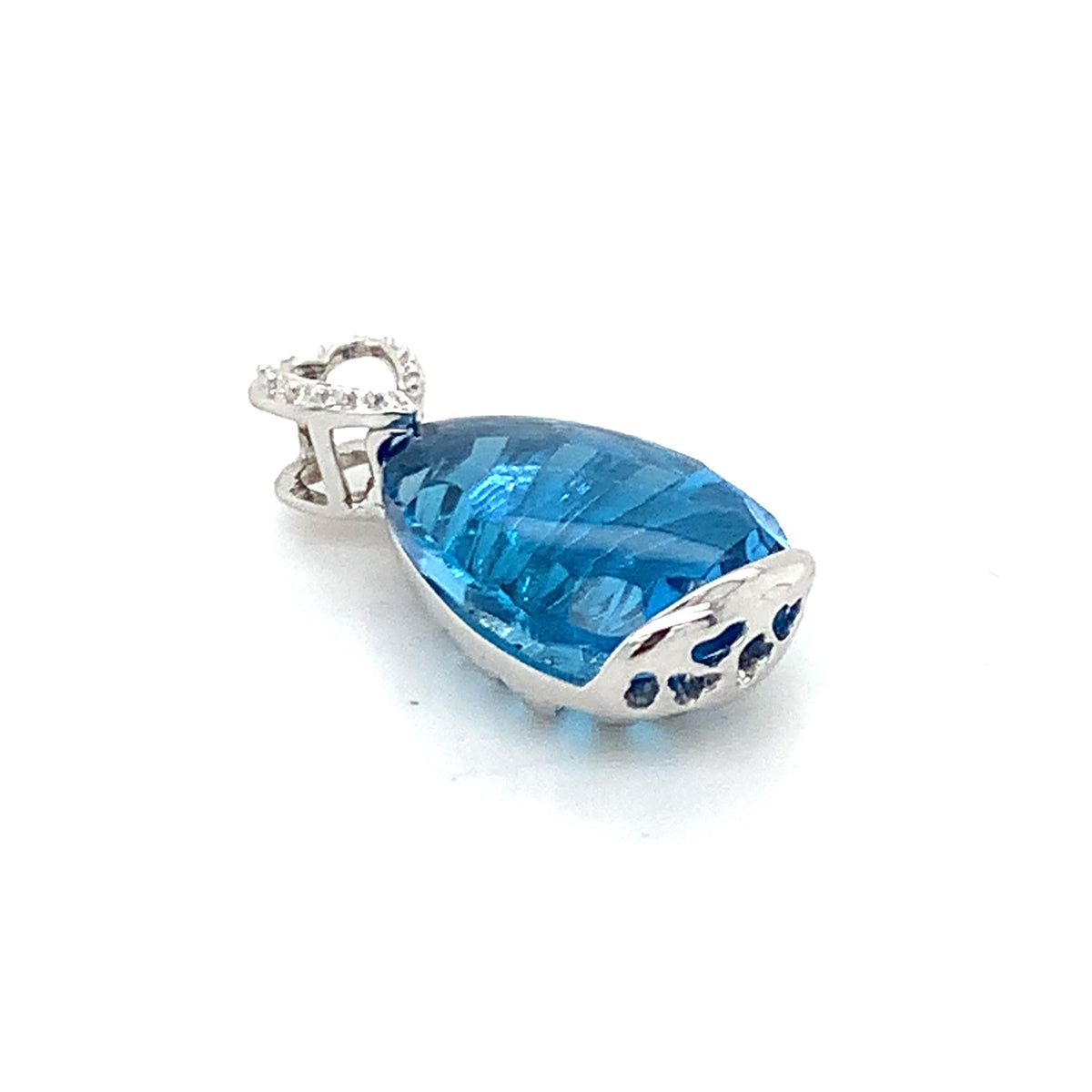 18K White Gold Teardrop Shaped Blue Topaz Beaded Heart-Shaped Loop Bail Pendant