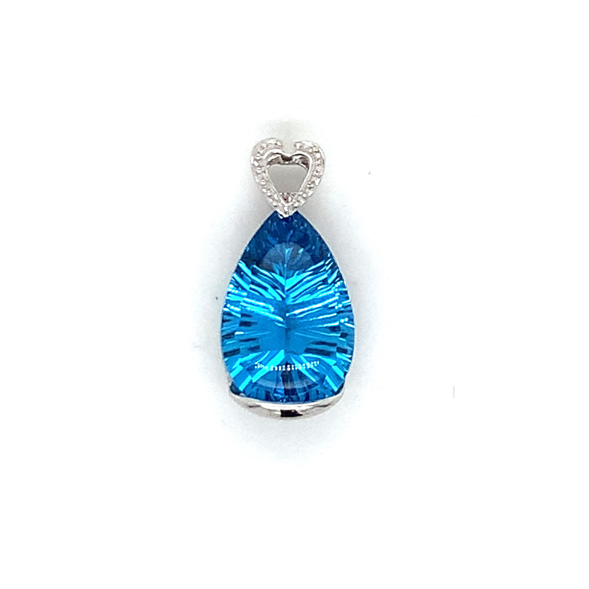 18K White Gold Teardrop Shaped Blue Topaz Beaded Heart-Shaped Loop Bail Pendant